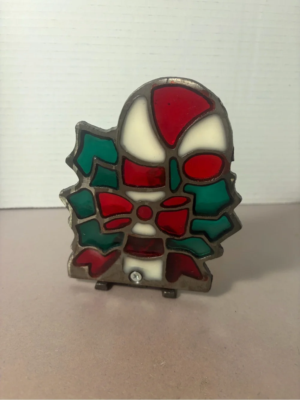 Holiday Stained Glass Candy Cane and Bow Decorative Accent - Red, Green, White